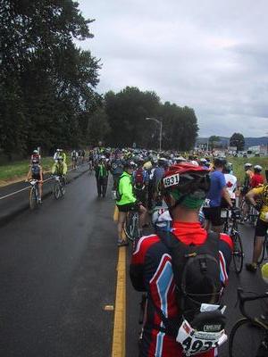 Riders waiting to cross the bridge